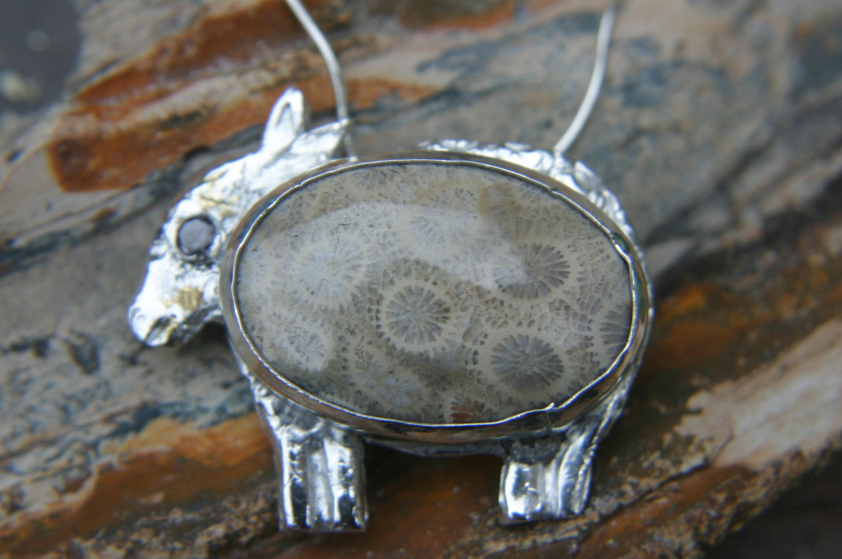 Solid Silver Sheep Necklace - With Fossil Coral Cabochon Solid Silver Sheep Necklace - With Fossil Coral Cabochon